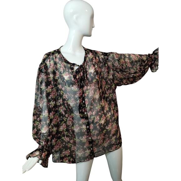 Mango MNG Women's size 3X Sheer Floral Bow Tie Puff Ruffle Sleeve Carol Blouse - Picture 2 of 12